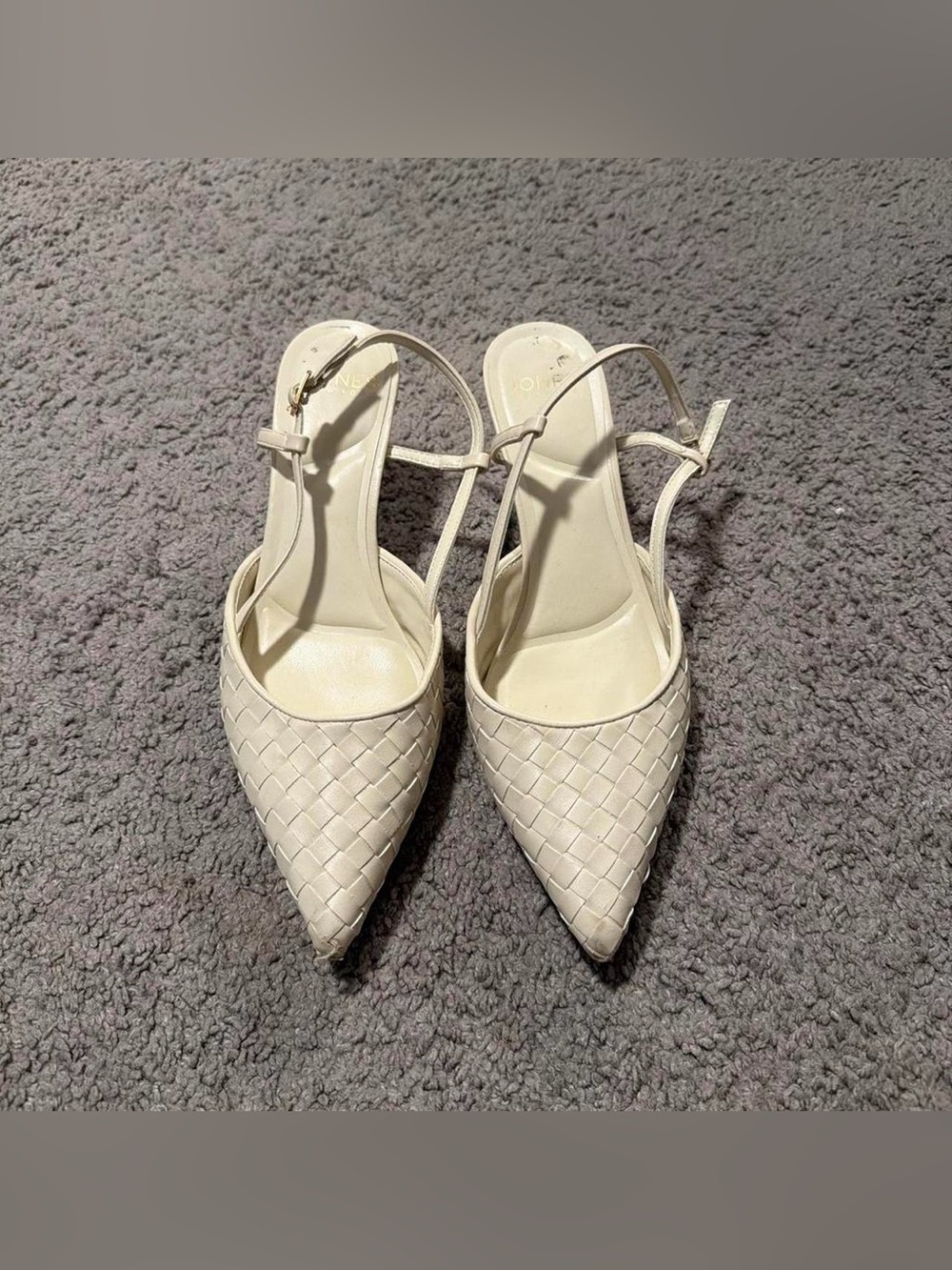 Woven Pointed-Toe Slingback Heels in Ivory